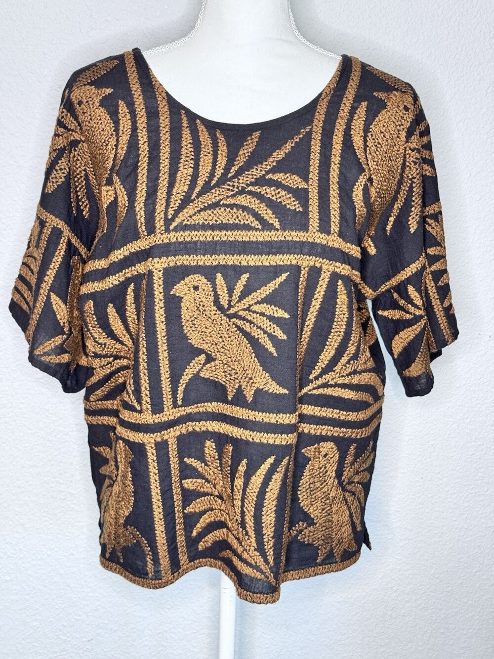 Sister Mary Women's Blouse Black W/Brown Embroidery Birds Size XS Short Sleeve